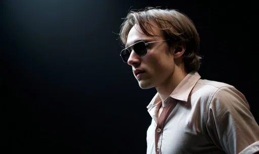 Prompt: william moseley, brown hair, grey eyes, close up, dressed with only a pink BUTTON  shirt, white shorts, socks, black sunglasses, he's dancing, in a completely dark and black room against a solid back background, illuminated from an eerie dim light above, ghostly, surreal, full body from a distance, cinematic
