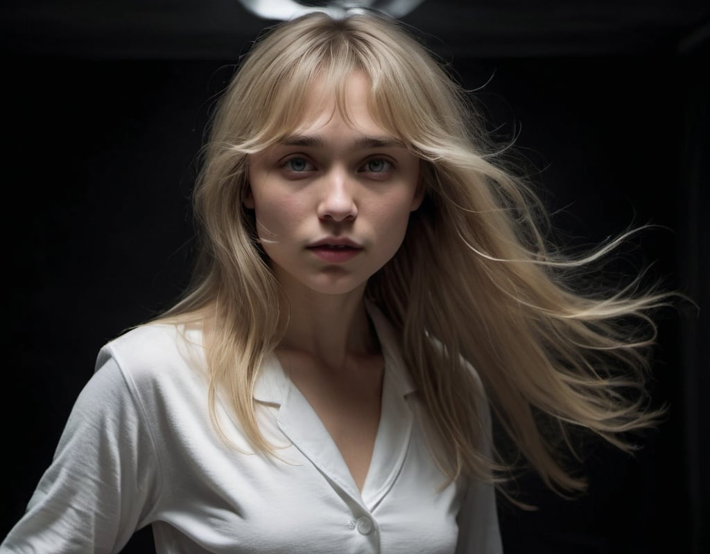 Prompt: Girl who looks like William Moseley, blonde long hair WITH BANGS, grey eyes, CLOSE UP, SHE'S WEARING WHITE PAJAMAS, SHE'S DANCING, in a completely dark and black room BUT CONTEMPORARY against a solid back background, illuminated from an eerie dim light above, ghostly, surreal, full body from a distance, cinematic