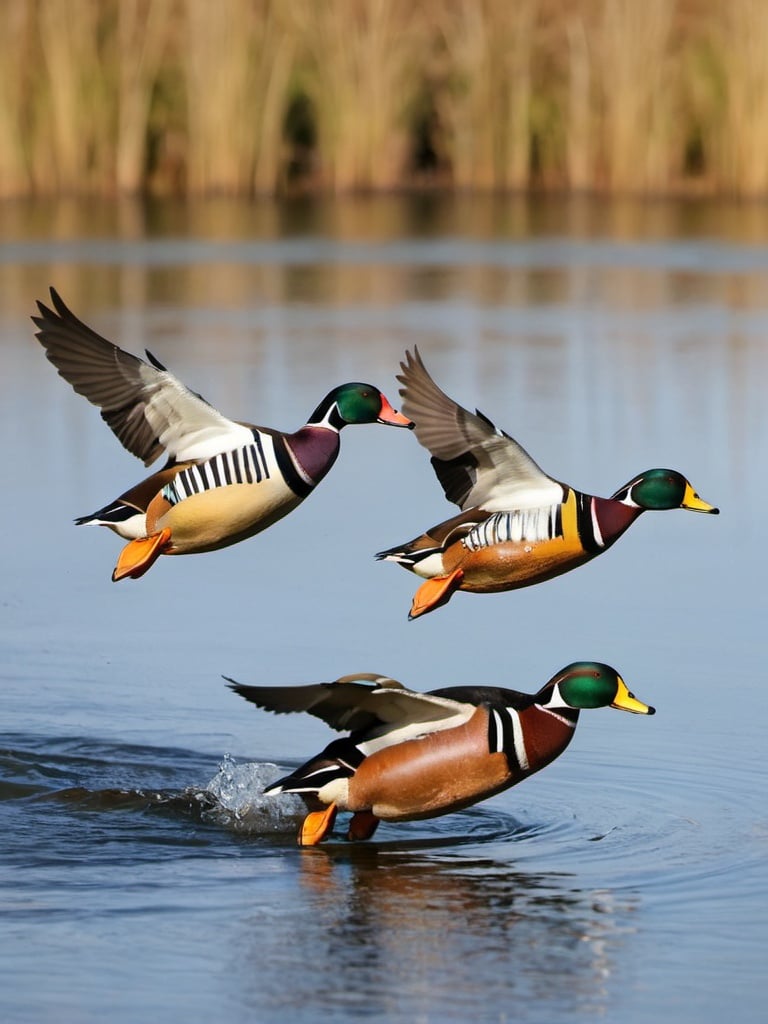 a few Welsh Harlequin wild ducks flying from surface...