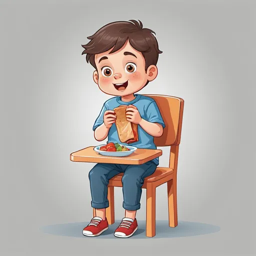 Prompt: Child boy sitting on a chair upright position and eating his lunch cartoon image