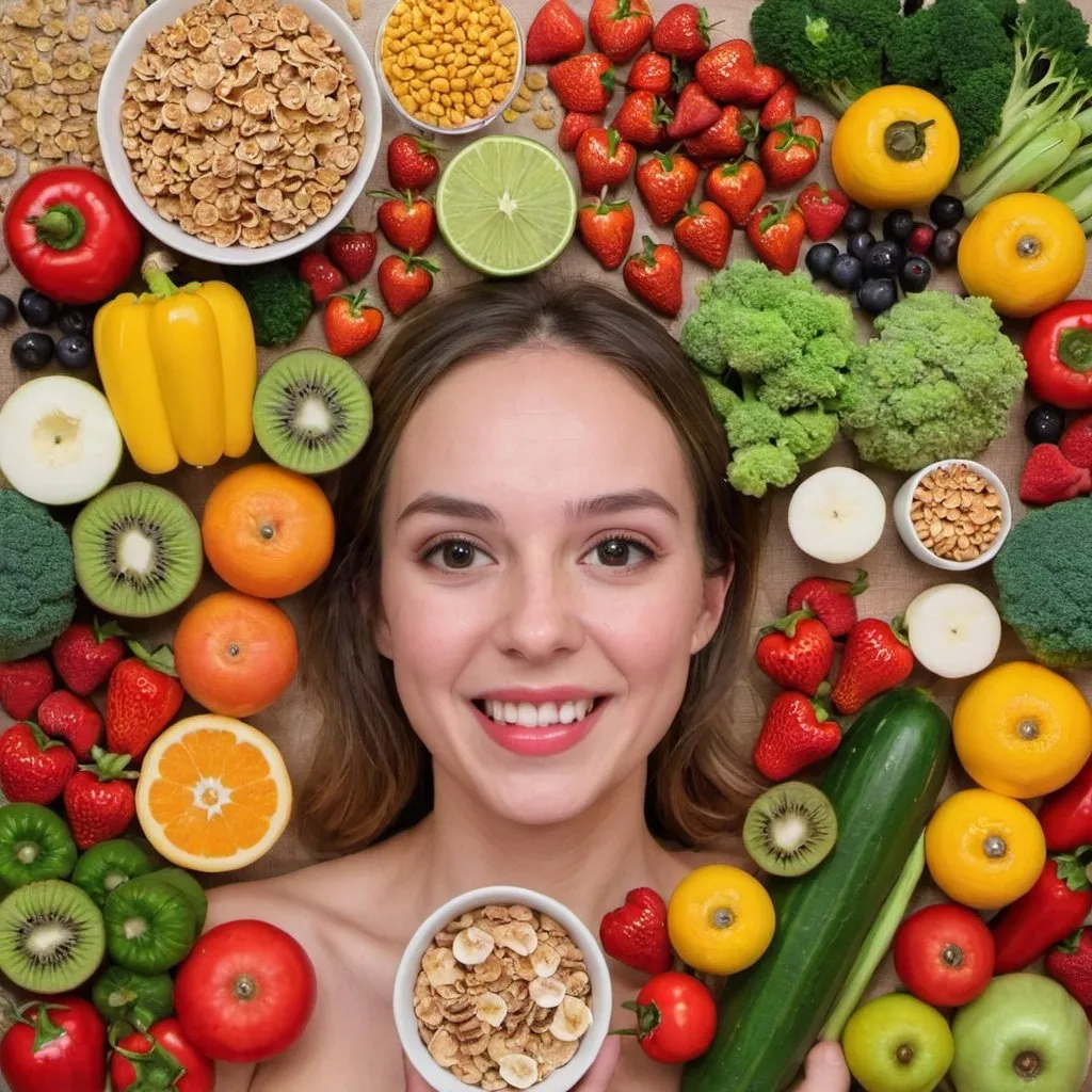 Prompt: make me a photo with vegetables, fruits and cereals
