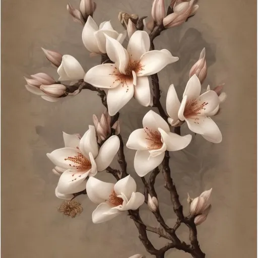 Prompt: Bombax ceiba flower on parchment-like background, soft colors, detailed petals, botanical illustration, high quality, soft pastel, vintage, delicate, intricate details, muted tones, soft lighting