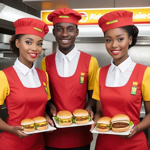 Prompt: Kenkey fast food waiters, red with a touch of yellow and green Airline crew uniforms, realistic