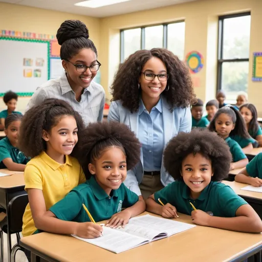 Prompt: 

"Create a vibrant and welcoming classroom scene featuring African American students engaged in learning activities. The students should be interacting with each other and their teacher, showcasing a positive and inclusive learning environment. The classroom should be bright and modern, with educational materials and decorations that reflect diversity and academic excellence. This image will be used for an admission banner aiming to attract prospective students and highlight the school's commitment to diversity and quality education."

Feel free to adjust any details to better suit your specific needs!