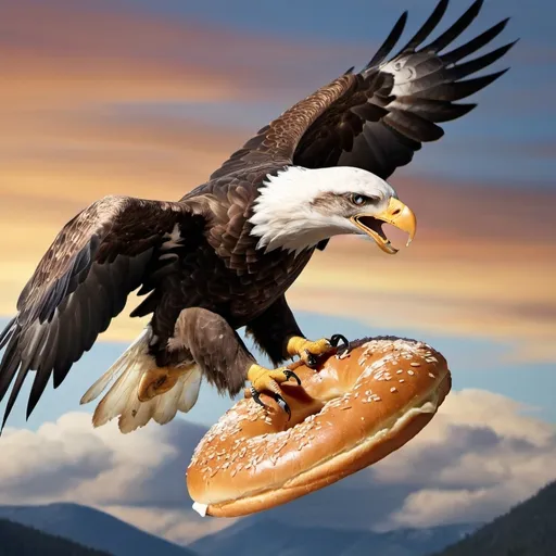 Prompt: an eagle soaring the sky biting a bagel