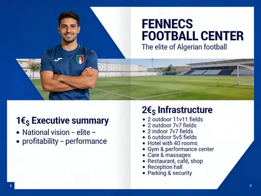 Prompt:  FENNECS FOOTBALL CENTER

L’élite du football algérien

1️⃣ Résumé exécutif

Vision nationale – élite – rentabilité – performance

2️⃣ Infrastructures
   •   2 terrains 11v11 extérieurs
   •   2 terrains 7v7 extérieurs
   •   2 terrains 7v7 couverts
   •   6 terrains 5v5 extérieurs
   •   Hôtel 40 chambres
   •   Gym & centre de performance
   •   Soins & massages
   •   Restaurant, café, boutique
   •   Salle de réception
   •   Parking & sécurité