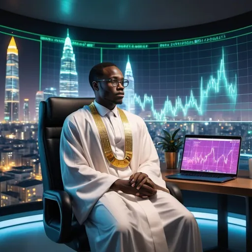 Prompt: A person, dressed in modern Nigerian fashion (flowing robes or a sharp suit), sits confidently in a high-backed chair. Their gaze is fixed on a holographic display in front of them, showing cryptocurrency charts and data streams.

Background:  Skyscrapers representing a major Nigerian city rise behind the figure.  Superimposed on the buildings are digital representations of Bitcoin and other cryptocurrencies.

Foreground:  A laptop with a glowing crypto exchange interface sits on a desk beside the figure.
