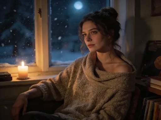 Prompt: A warm, calm woman with a natural, understated beauty and an intelligent, introspective presence, seated comfortably in a cozy interior at night near a window.
Soft snow falls outside the glass, while candlelight and low ambient lighting create a lo-fi, intimate atmosphere.

She has expressive eyes, gentle facial features, and a quiet romantic composure — beautiful without effort or performance.
Her hair is long and softly textured, gathered into a relaxed, practical updo that feels lived-in rather than styled.

She wears a loose knit sweater made of natural fabric, with a softly structured high neckline that drapes naturally and fully covers the collarbone and shoulders.
The sweater looks warm, worn-in, and comfortable — cozy without feeling restrictive.

Her posture is relaxed and supported, resting comfortably rather than posed — one arm casually settled, her body at ease, as if she has been sitting this way for a while.
She appears thoughtful and observant, present but unhurried.

The space around her feels personal and lived-in — books, records, or quiet domestic details implied rather than staged.

Cinematic portrait photography, shallow depth of field, soft shadows, warm highlights layered with cool moonlit undertones, editorial realism, lo-fi warmth, intimate but composed framing, timeless mood.
