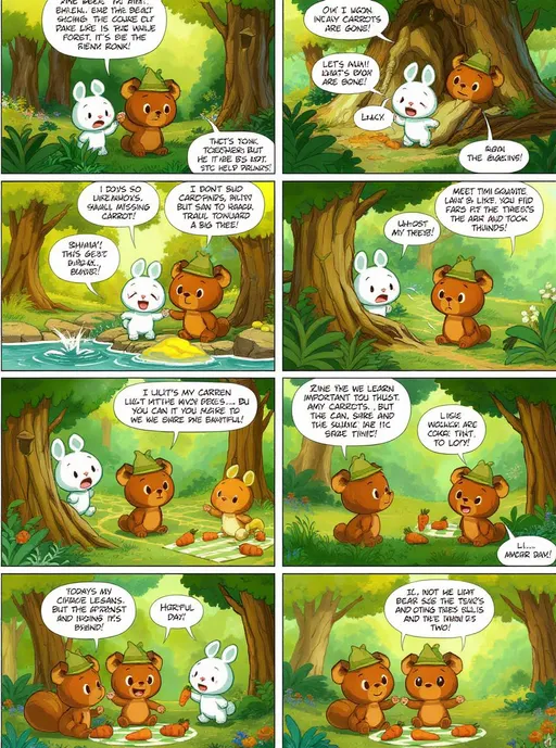 Prompt: Di sebuah hutan bernama Hutan Ceria, hiduplah seekor beruang kecil bernama Boni. Boni suka makan madu dan tidur siang, tapi yang paling ia suka adalah menolong teman!

Halaman 2 – Masalah Dimulai

Suatu pagi, Boni mendengar suara tangisan dari semak-semak.
“Hu hu hu…”
Itu suara Lili si kelinci!
“Ada apa, Lili?” tanya Boni.
“Wortelku hilang!” jawab Lili sambil menangis.

Halaman 3 – Misi Dimulai

Boni mengangkat topi detektifnya (yang dibuat dari daun).
“Ayo kita cari bersama!” katanya dengan semangat.
Boni dan Lili pun memulai petualangan mencari wortel yang hilang.

Halaman 4 – Bertemu Gogo Si Katak

Di pinggir sungai, mereka bertemu Gogo si katak.
“Aku tidak lihat wortel, tapi aku melihat jejak kecil ke arah pohon besar!” kata Gogo.

Halaman 5 – Kejar Jejak!

Boni dan Lili mengikuti jejak itu.
Tiba-tiba...
“Uh-oh!” Boni terpeleset kulit pisang.
“Hihihi!” Lili tertawa, lalu menolong Boni berdiri.

Halaman 6 – Bertemu Timi Tupai

Di pohon besar, mereka melihat Timi si tupai sedang menggali lubang.
“Aku hanya sembunyikan wortel karena kupikir itu hadiah ulang tahunku…” kata Timi malu-malu.

Halaman 7 – Waktunya Jujur

Lili menatap Timi. “Itu wortelku... tapi kalau kamu suka, kita bisa bagi dua.”
Timi tersenyum. “Maaf ya. Terima kasih, Lili.”

Halaman 8 – Pelajaran Hari Ini

Boni berkata, “Hari ini kita belajar sesuatu yang penting: Jujur dan berbagi itu indah!”
Semua setuju dan tertawa bersama.

Halaman 9 – Pesta Piknik

Boni, Lili, Timi, dan Gogo membuat piknik kecil.
Ada madu, wortel, dan kue acorn dari Timi.
“Hari yang ceria!” teriak mereka.

Halaman 10 – Penutup

Sejak hari itu, Boni si beruang kecil semakin disayang teman-teman karena selalu baik hati dan suka menolong