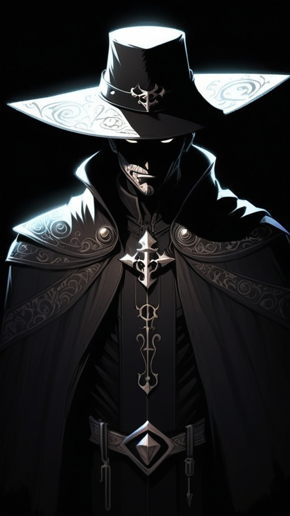 Prompt: Create a detailed drawing of a Dark Cowboy character. He wears a black cape with intricate leather details and a black hat. His face is mostly obscured by shadow, revealing only a white, sinister smile. The scene is illuminated by volumetric light, with candles providing a warm, flickering glow. This full-body artwork should capture a mysterious and ominous D&D atmosphere. face covered by dark shadows, no face showing, full body, pixel art style