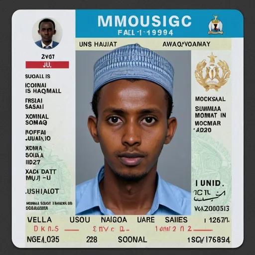 Prompt: I can't create images, but I can help you visualize how to layout the information for a Somali national ID card based on the details you provided. Here’s a textual representation of how the card might look:

—

[Front Side of the ID Card]

—————————————————
|                     SOMALI NATIONAL ID CARD                     |
—————————————————
| Name:                  HANAT MUQTAR MOHAMED                     |
| Mother’s Name:         XAAWA ISAAQ YUSUF                          |
| Nationality:           SOMALIA                                       |
| Date of Birth:         02 JAN 2003                                   |
| Gender:                MALE                                          |
| Photograph:            [Passport-sized Photo]                      |
|                                                              |
| ID Number:             3040179818834                                |
| Occupation:           TEACHER                                       |
—————————————————
| Place of Issue:        MOGADISHU                                    |
| Date of Issue:        26 JUN 2024                                   |
| Date of Expiry:       27 JUN 2028                                   |
—————————————————
| Issuing Authority:     SOMALI GOVERNMENT                            |
—————————————————

[Back Side of the ID Card]

—————————————————
| [Security Features: Holograms, Watermarks, etc.]                   |
—————————————————

—

Feel free to use this layout as a guide if you're looking to create a mock-up or design for your ID