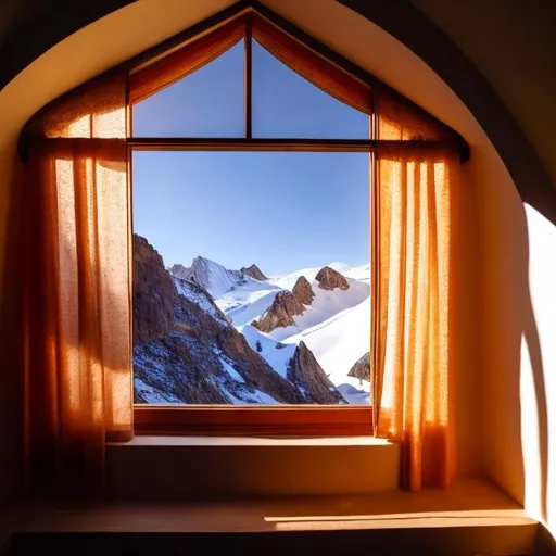 Prompt: e.g.A window that faces the mountain and a part of the window is covered by a curtain that the wind shakes the curtain
