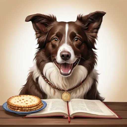 Prompt: Draw a brown border collie celebrating passover
