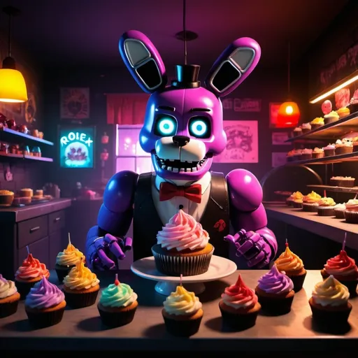 Prompt: ROBLOX Fnaf Animatronics surrounded by Chica's cupcakes in the pizzeria with a Roblox sign (horror setting)