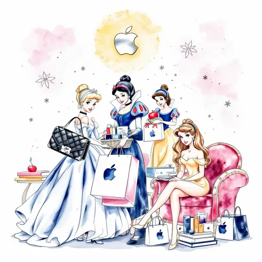 Prompt: I would like to take iconic Disney princesses, but influenced by modern consumer culture, while maintaining their original appearance. For example, for Cinderella, she could hold a luxury handbag, with those iconic glass shoes transformed into a high-end fashion item. Snow White could hold a basket of Apple products (iPhone, iPad, etc.). The apple, which symbolizes innocence in her story, could be reinterpreted as a marketing tool, showing a more commercial side. For Belle, she could hold a Starbucks coffee cup, making her look like a modern influence. Those arms could be filled with bags from popular bookstores: Indigo, Renaud-Bray, Barnes and Noble, Amazon, etc. For Rapunzel, she could be shown as a beauty influencer; she could be the face of a major luxury shampoo and conditioner ad. She could be shown in a before/after transformation (as some beauty ads do). I would like to realize this concept on about 4 or 5 princes. Eventually, I would like to do everything on a normal-sized white page with watercolor paint to accentuate the nostalgia/childhood feel. The princesses would be together in the center with some minor details in the background.