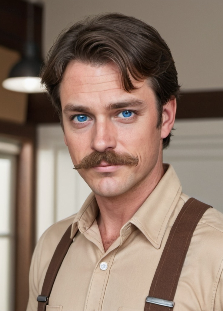 Prompt: a man with brown hair, blue eyes, mustache sideburns in a tan shirt, suspenders, and jeans in a realistic style 