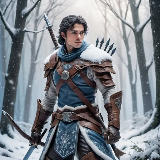 Prompt: (fantasy human ranger in snowy forest), (bold and stern demeanor), wearing detailed leather armor, wielding a sword, an enchanting snow-laden backdrop with soft snowflakes falling, cool tones of blue and white, serene and ethereal atmosphere, hints of mystical greenery peeking through the snow, ultra-detailed, high-quality, cinematic depth.