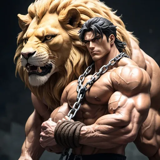 Prompt: a muscular anime man holding a chained lion