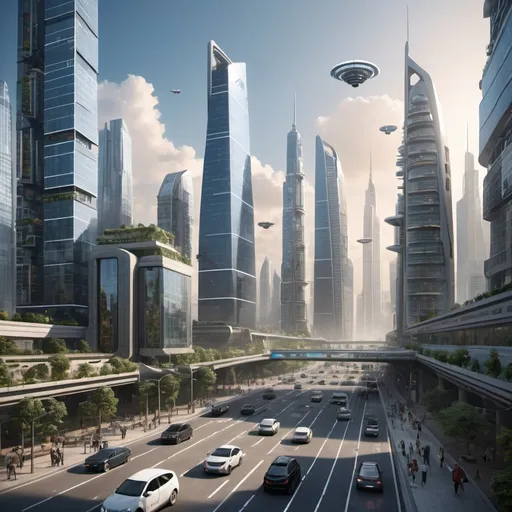 Prompt: A realistic cityscape of the year 2024, featuring modern skyscrapers, bustling streets, and advanced technology integrated into daily life. Elements include electric vehicles, drones, and smart infrastructure. The sky has a hint of space exploration with a visible satellite or space station. The scene should balance cutting-edge technology with the familiarity of contemporary urban life.
