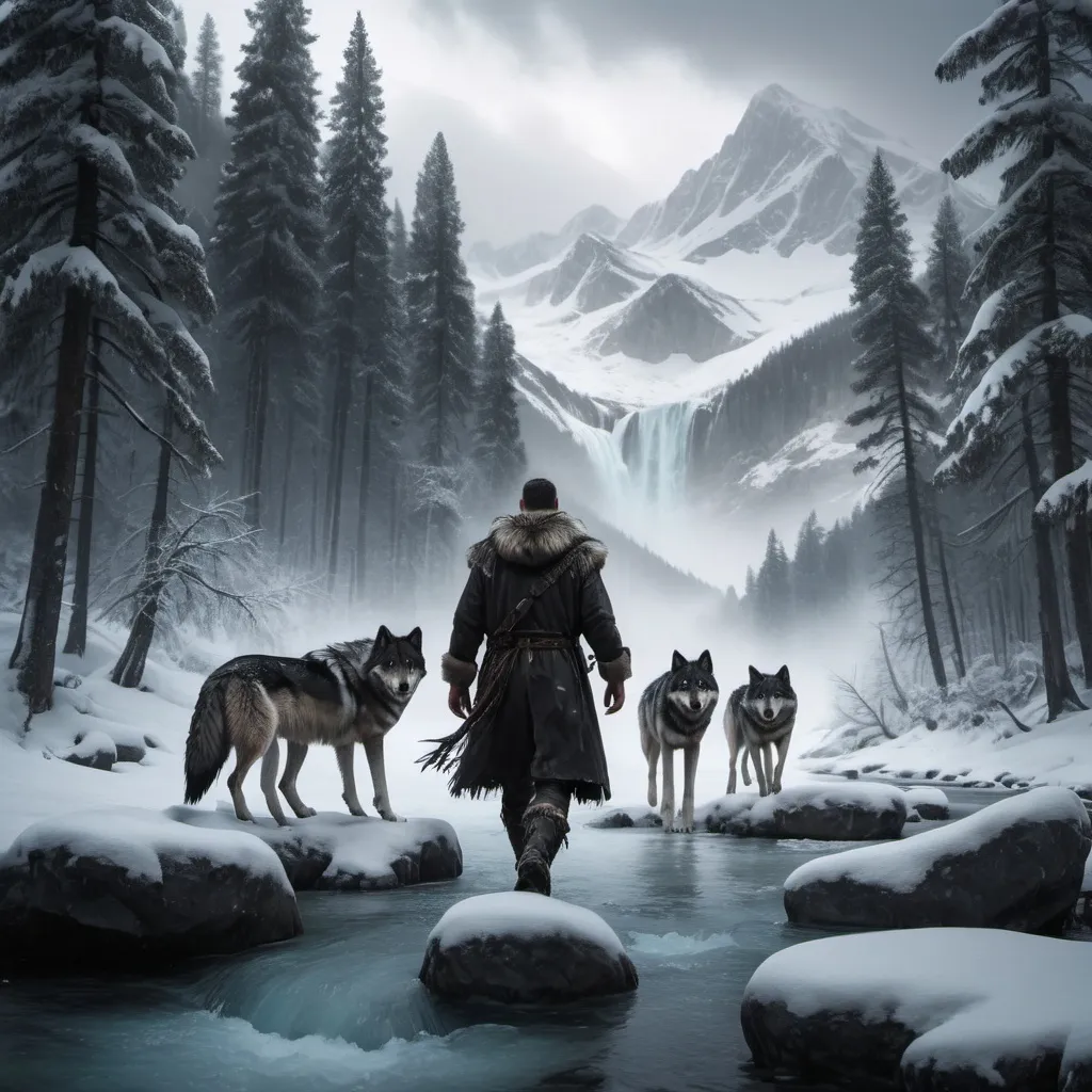 Prompt: Pine tree forest in the mountains snow on the ground snow on the trees frozen water fall a man wearing animal furs leads a pack of black, grey, white wolves across frozen rivet