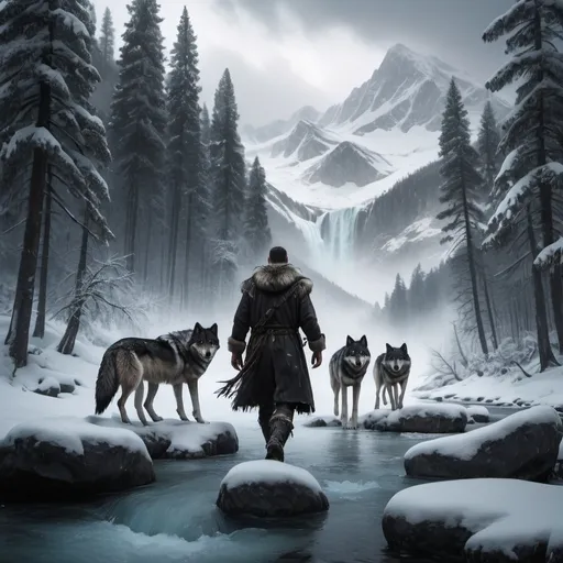 Prompt: Pine tree forest in the mountains snow on the ground snow on the trees frozen water fall a man wearing animal furs leads a pack of black, grey, white wolves across frozen rivet