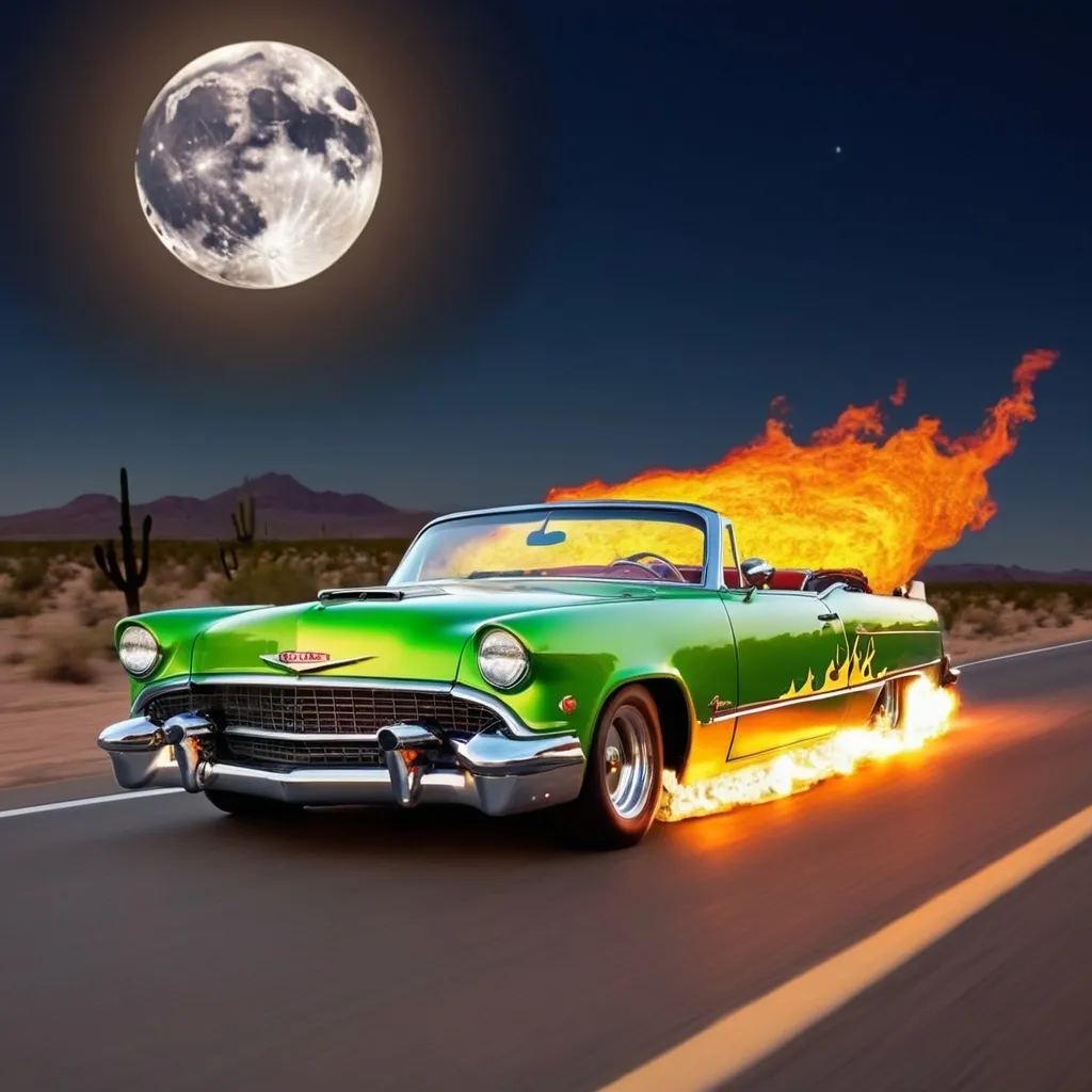 Prompt: rat fink hotrod convertible flames full moon in the sky racing through the desert on a highway in the sky I cant drive 55 post my face want to get out of line