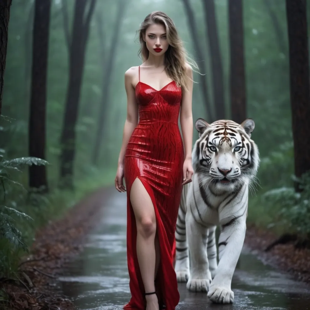 Prompt: Tall cool women in a red dress flawless skin green eyes red lips white tiger at her side walking in a forest freezing rain ice covers every tree full moon rising