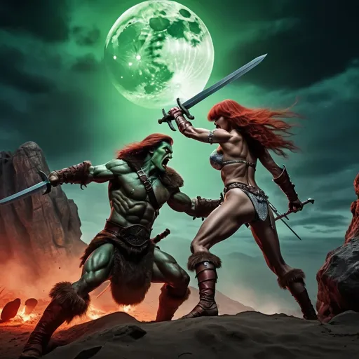 Prompt: Conan and red Sonja swinging swords fight for their lives standing back to back evil ugly red aliens, black alien, green aliens big sharp teeth yellow eyes giant moon in the sky sand and rocks on the ground