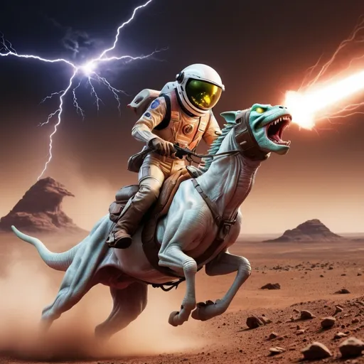 Prompt: space cowboy riding the lightning through space and time shots fired missiles exploding flying aliens mad roaring at loud reptilians evil base on mars spaceport in space 