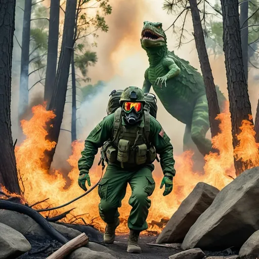 Prompt: man in green military camouflage chased through forest fire by a several reptilians' on two legs look evil trees on fire falling other trees on fire big boulders smoke everywhere 