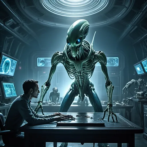 Prompt: mantis alien has human abductee on examine table on alien space craft with machined arms protruding from the ceiling used to examine humans for alien experiments