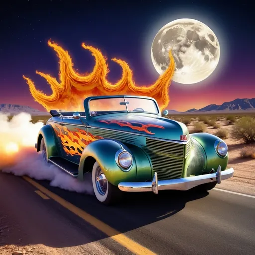 Prompt: rat fink hotrod convertible flames full moon in the sky racing through the desert on a highway in the sky I cant drive 55 post my face want to get out of line