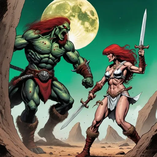 Prompt: Conan and red Sonja swinging swords fight for their lives standing back to back evil ugly red aliens, black alien, green aliens big sharp teeth yellow eyes giant moon in the sky sand and rocks on the ground