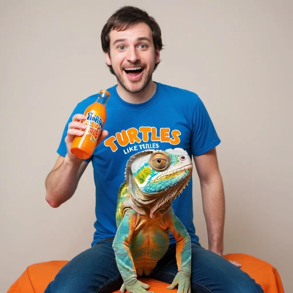 Prompt: Am man upside down with a bottle of Sunkist on his legs and a chameleon is on his tounge and he is wearing a blue t shirt with I like turtles written on it 