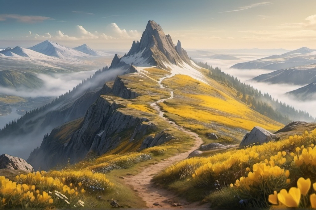 Prompt:  In the center, there is a grand mountain covered with golden gorse and wild flowers, surrounded with  majestic landscapes. with some fog. all in fairytale style. Bottom to top point of view. with two small towns on the sides of the landscape, one on the left, one on the right
