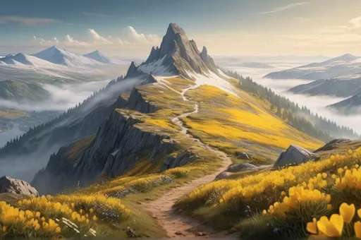 Prompt:  In the center, there is a grand mountain covered with golden gorse and wild flowers, surrounded with  majestic landscapes. with some fog. all in fairytale style. Bottom to top point of view. with two small towns on the sides of the landscape, one on the left, one on the right
