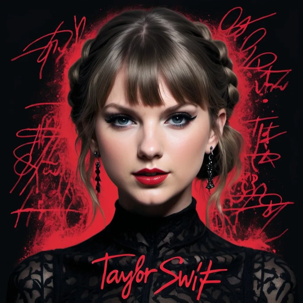 Prompt: A Taylor Swift album cover that is very goth and electropop and says in a messy scrawl Revenge. All black and red.