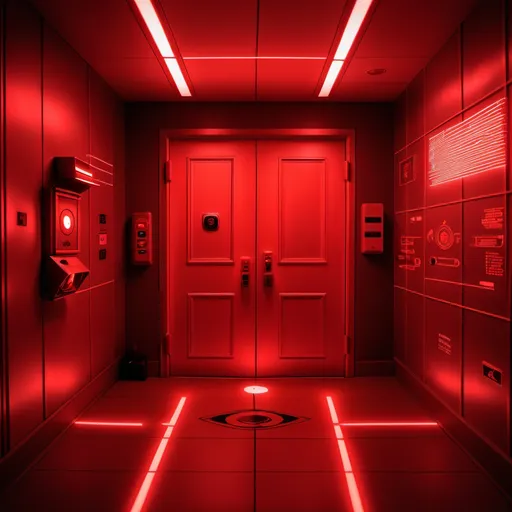 Prompt: Red light glowing room with security systems like door controllers, laser lines, security cameras and alarm syset,