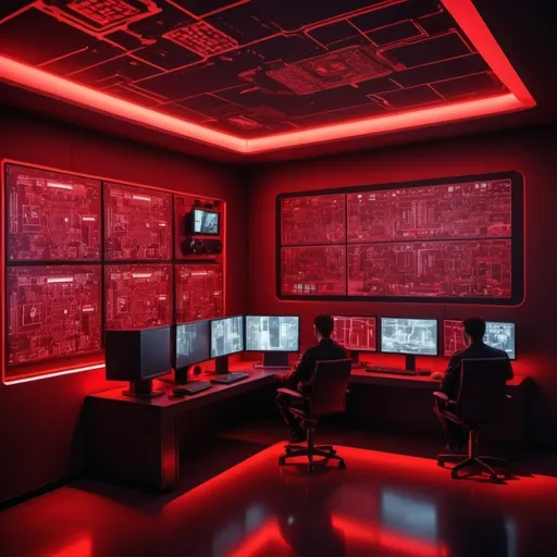 Prompt: room with red lights and TV alarm monitors, cctv cameras everywhere and circuit board walls