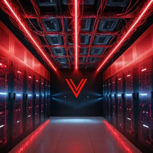 Prompt: large server room with red glow lights and circuit board walls and laser lines. Large "V T" logo Light on the wall. network cables everywhere. bullet security cameras mounted on the walls. laser lines and alarm system in the room.