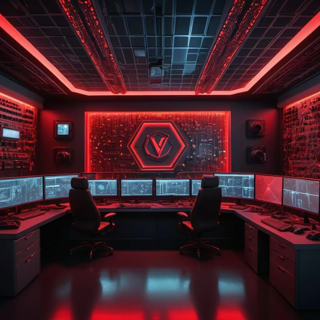 Prompt: large control room with red glow lights ,large cctv security cameras mounted in the room and circuit board walls and laser lines. Large "V" logo Light on the wall. network cables everywhere. bullet security cameras mounted on the walls.