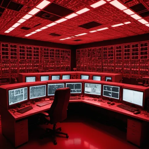 Prompt: large control room with red glow lights lots of security cameras mounted in the room and circuit board walls. Large "V" logo Light on the wall.