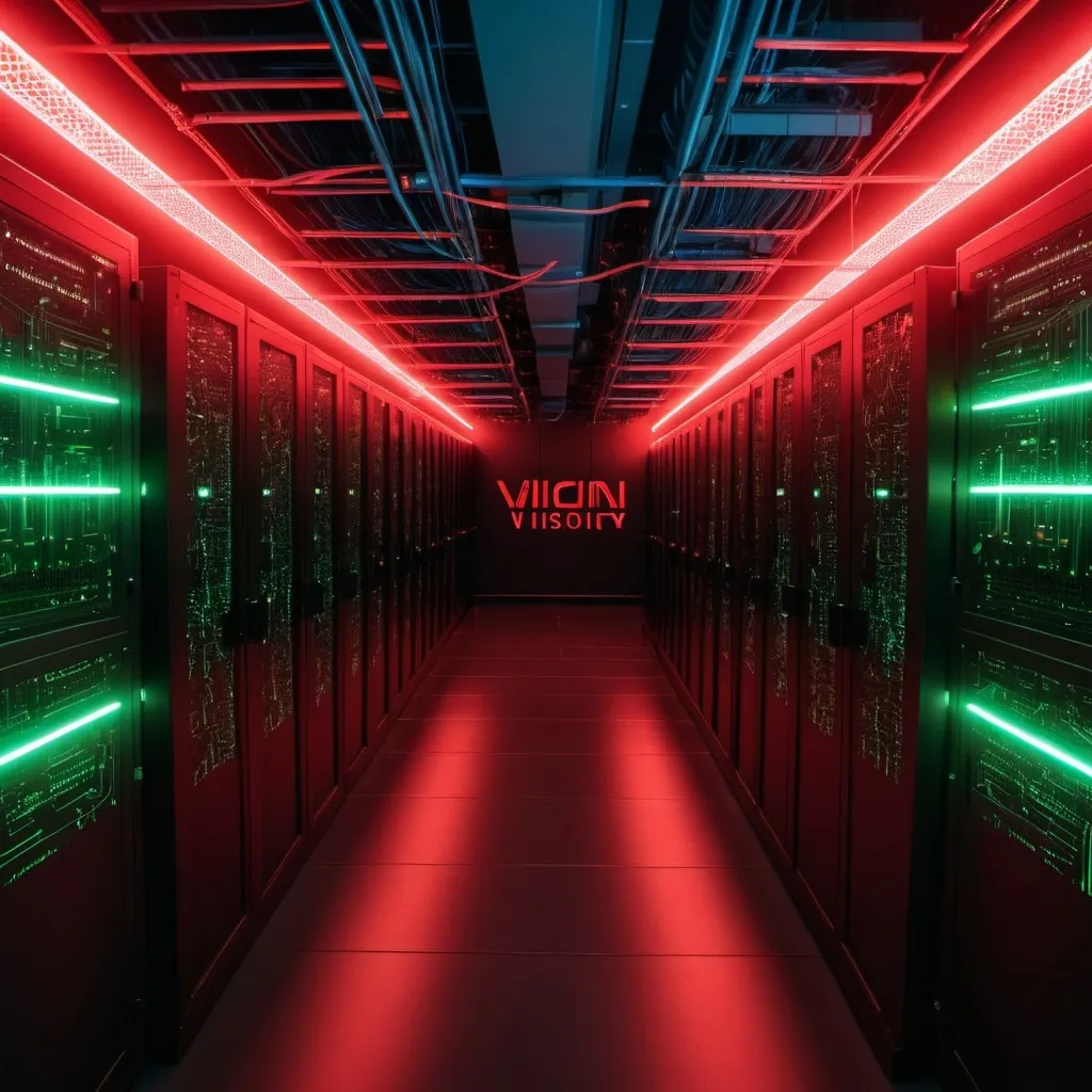 Prompt: large server room with red glow lights and circuit board walls and laser lines. Large "Vision Tech" logo Light on the wall. network cables everywhere. bullet security cameras mounted on the walls. laser lines and alarm system in the room.