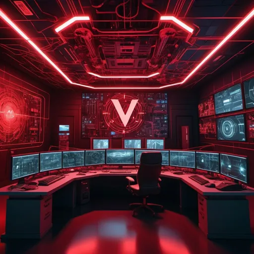 Prompt: large control room with red glow lights ,large cctv security cameras mounted in the room and circuit board walls and laser lines. Large "V" logo Light on the wall. network cables everywhere.