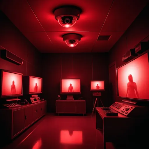 Prompt: red security camera in a room with red lights and TV alarm monitors