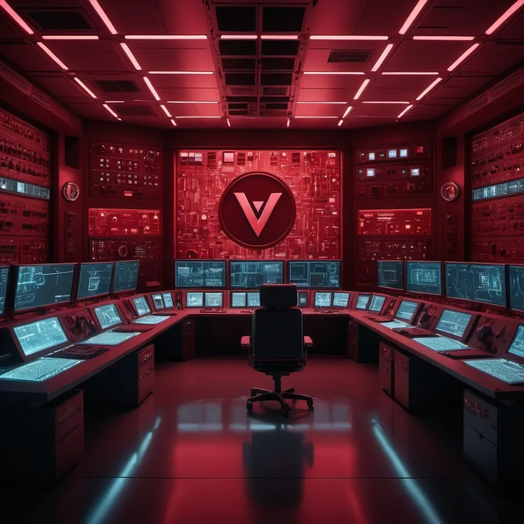 Prompt: large control room with red glow lights lots of security cameras mounted in the room and circuit board walls. Large "V" logo Light on the wall.