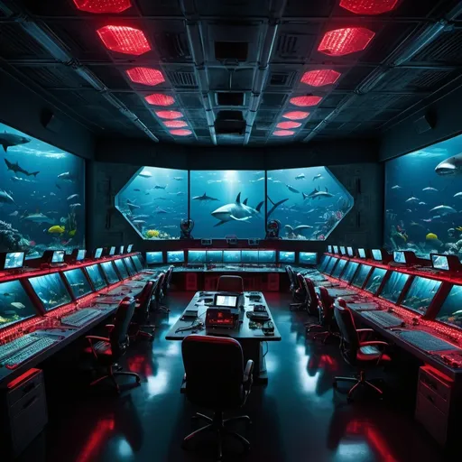 Prompt: large control room with red glow lights lots of security cameras mounted in the room and circuit board walls. Large "V" logo Light on the wall. one large aquarium with sharks located on the centre of the wall