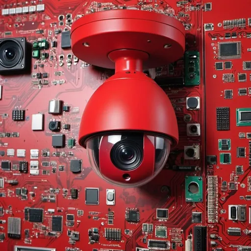 Prompt: Vision Tech Communications red cctv camera with cyber boards computer wallpaper background security systems alarm system
