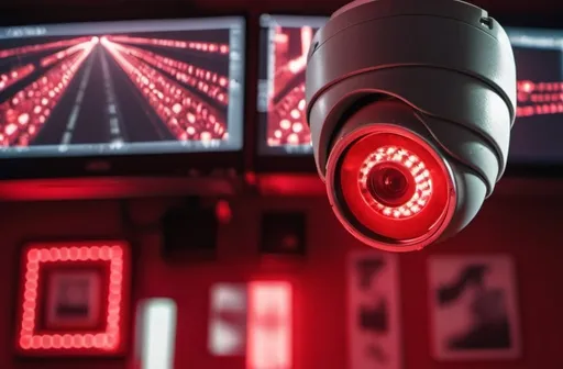 Prompt: a cctv camera is shown with red lights in the background and a blurry background circuit boards of red lights in the foreground, Évariste Vital Luminais, video art, tone mapping, a stock photo