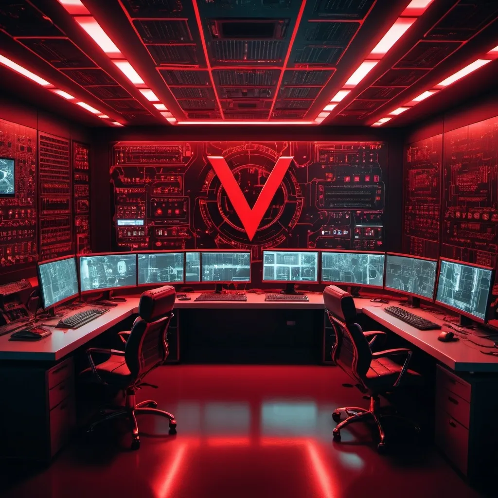 Prompt: large control room with red glow lights ,large cctv security cameras mounted in the room and circuit board walls and laser lines. Large "V" logo Light on the wall.